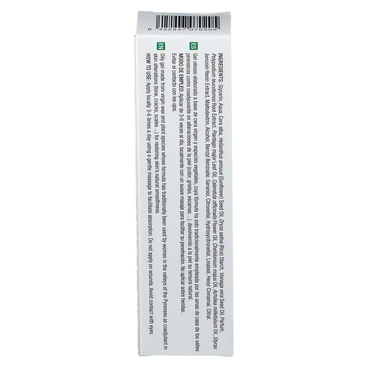 Retro della confezione del prodotto. Ingredienti e istruzioni per l'uso. Testo multilingue.
