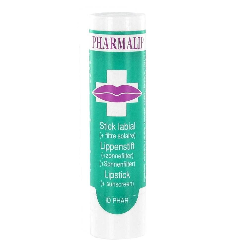 Stick labiale Pharmalip con protezione solare. Confezione cilindrica, etichetta verde, coperchio bianco. Logo labbra.