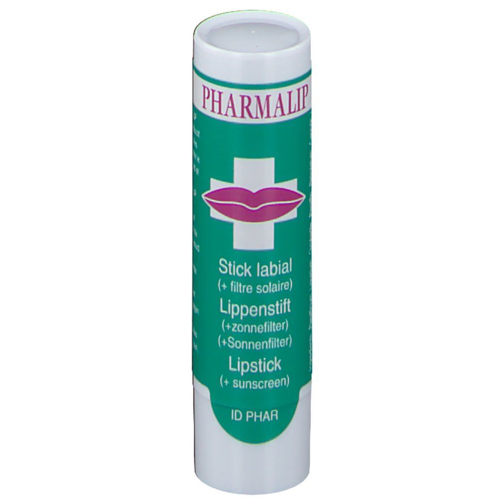 Stick labiale Pharmalip con protezione solare. Confezione cilindrica, etichetta verde, coperchio bianco. Logo labbra.