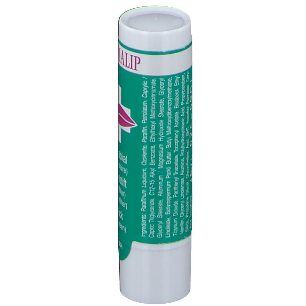 Confezione stick labiale con ingredienti. Cilindrica, etichetta verde, coperchio bianco. Testo: ingredienti, marchio Pharmalip.