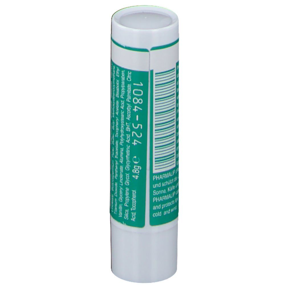 Confezione stick labiale con informazioni. Cilindrica, etichetta verde, coperchio bianco. Testo: 1084-524, 4.8g, marchio Pharmalip.