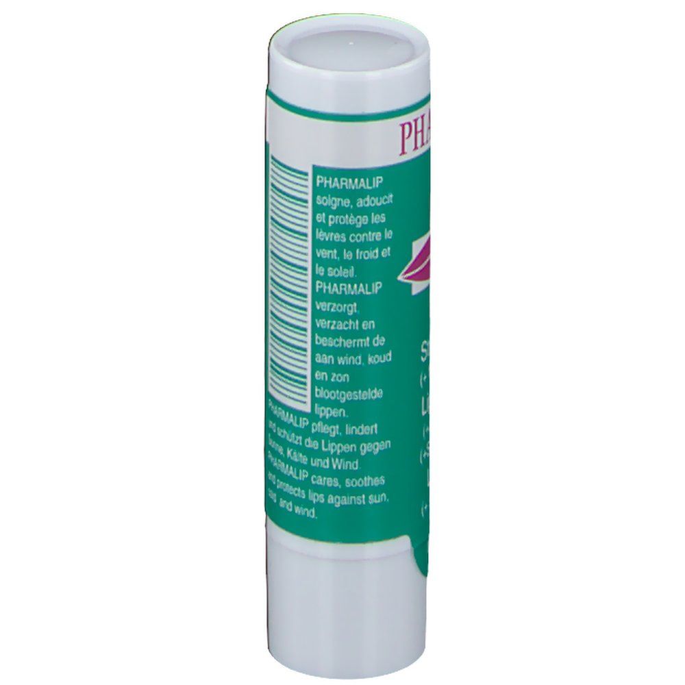 Confezione stick labiale con testo. Cilindrica, etichetta verde, coperchio bianco. Testo: Pharmalip, cura, protezione.
