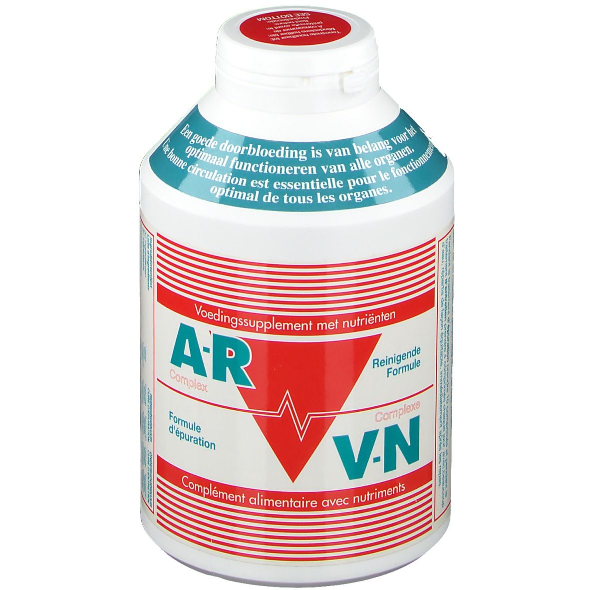 Flacone bianco con scritte rosse e blu. Scritte: A-R Complex, V-N. Tappo con sigillo rosso. Testo in olandese e francese.
