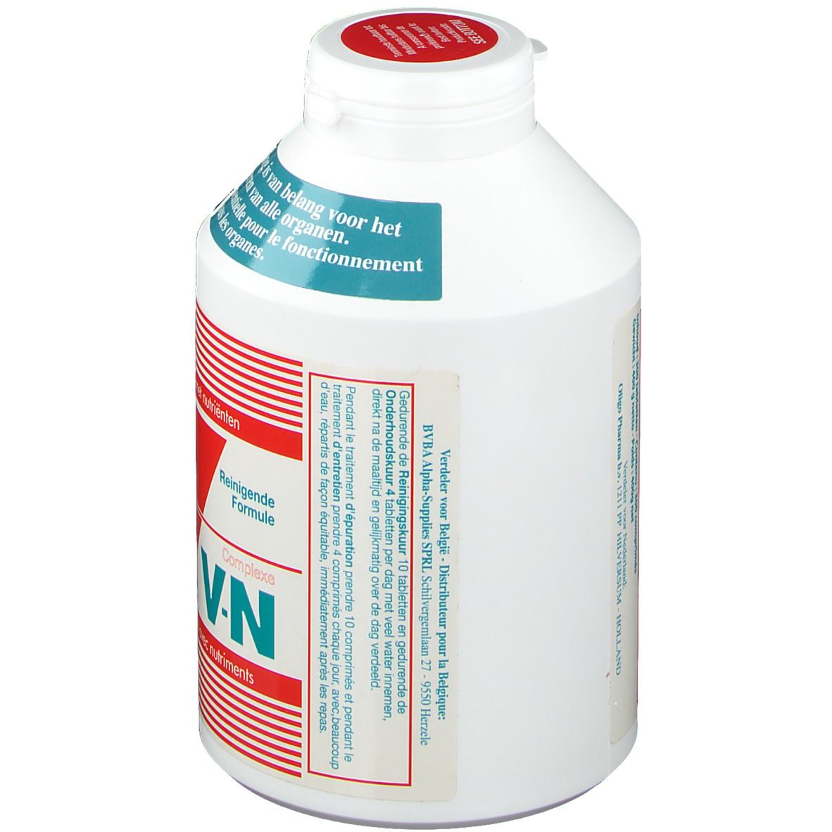 Flacone bianco con scritte rosse e blu. Scritta: V-N. Retro con testo in olandese e francese. Tappo rosso.