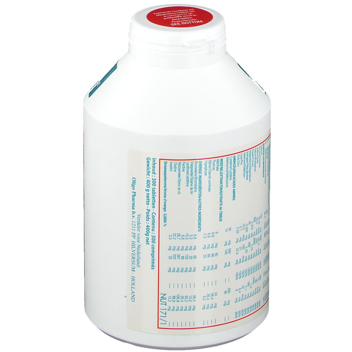 Flacone bianco con scritte rosse e blu. Retro con testo in olandese. Tappo rosso. Scritta: 100 compresse.