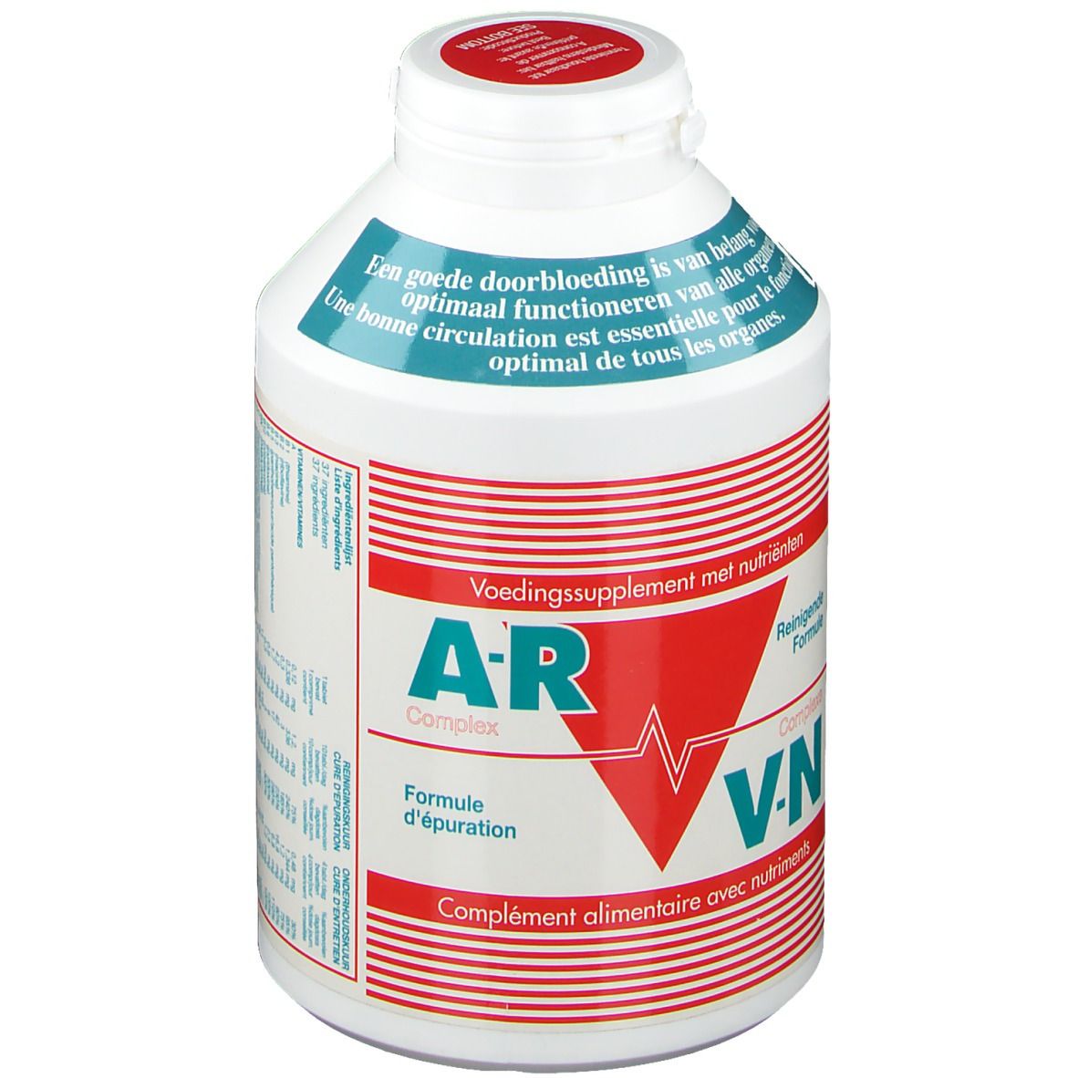 Flacone bianco con scritte rosse e blu. Scritte: A-R Complex, V-N. Tappo con sigillo rosso. Testo in olandese e francese.