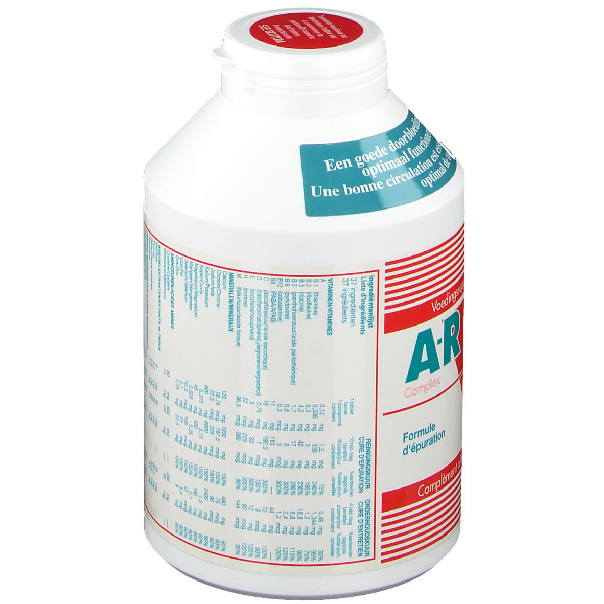 Flacone bianco con scritte rosse e blu. Scritte: A-R Complex, V-N. Testo in olandese e francese. Tappo rosso.