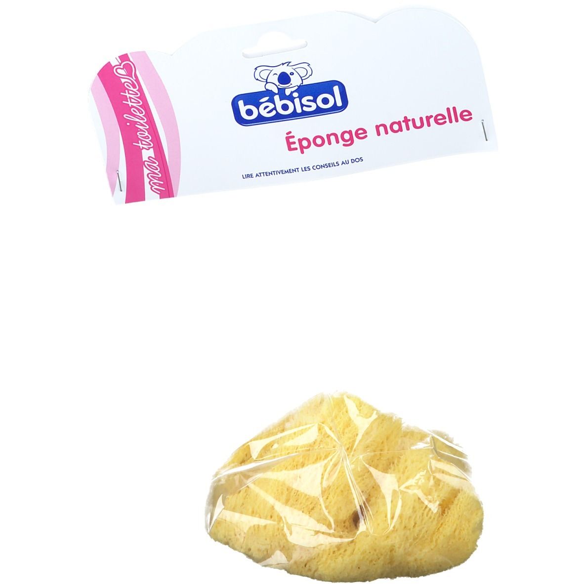 Spugna da bagno naturale gialla, confezionata in pellicola trasparente. Sopra, etichetta bianca con logo e nome del prodotto.