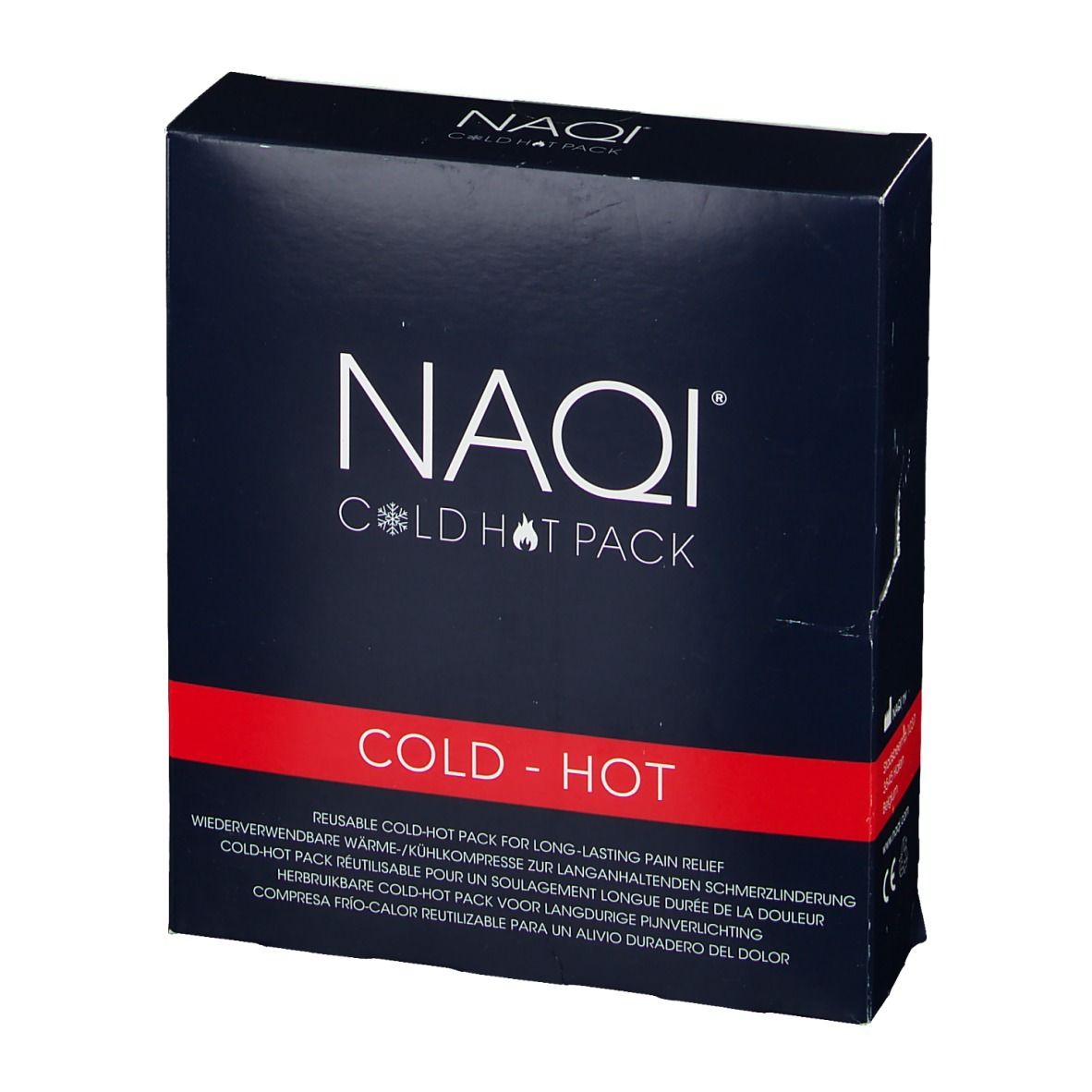 Scatola blu scuro con logo bianco "NAQI COLD HOT PACK". Striscia rossa con testo "COLD - HOT".