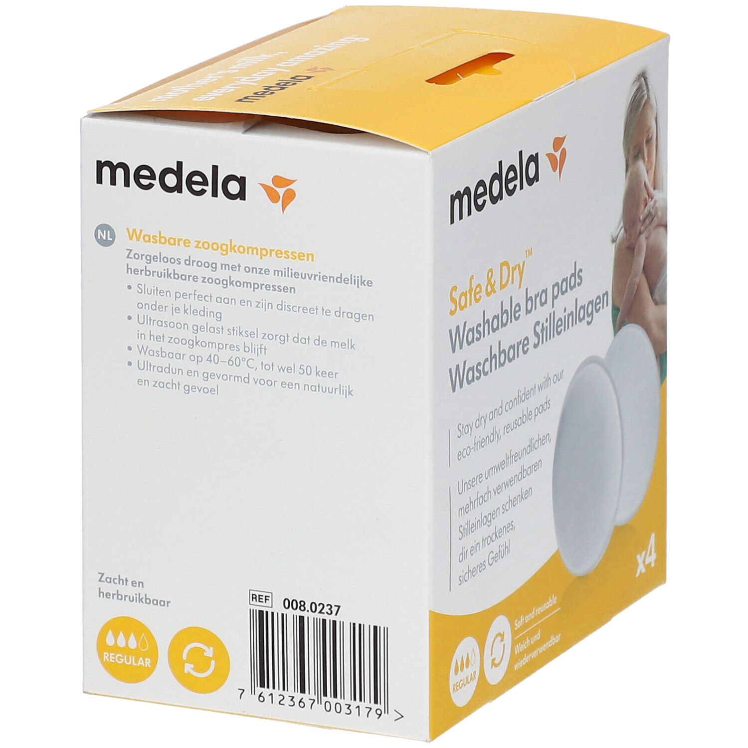 Confezione Medela Safe & Dry di coppette assorbilatte lavabili, quattro pezzi.