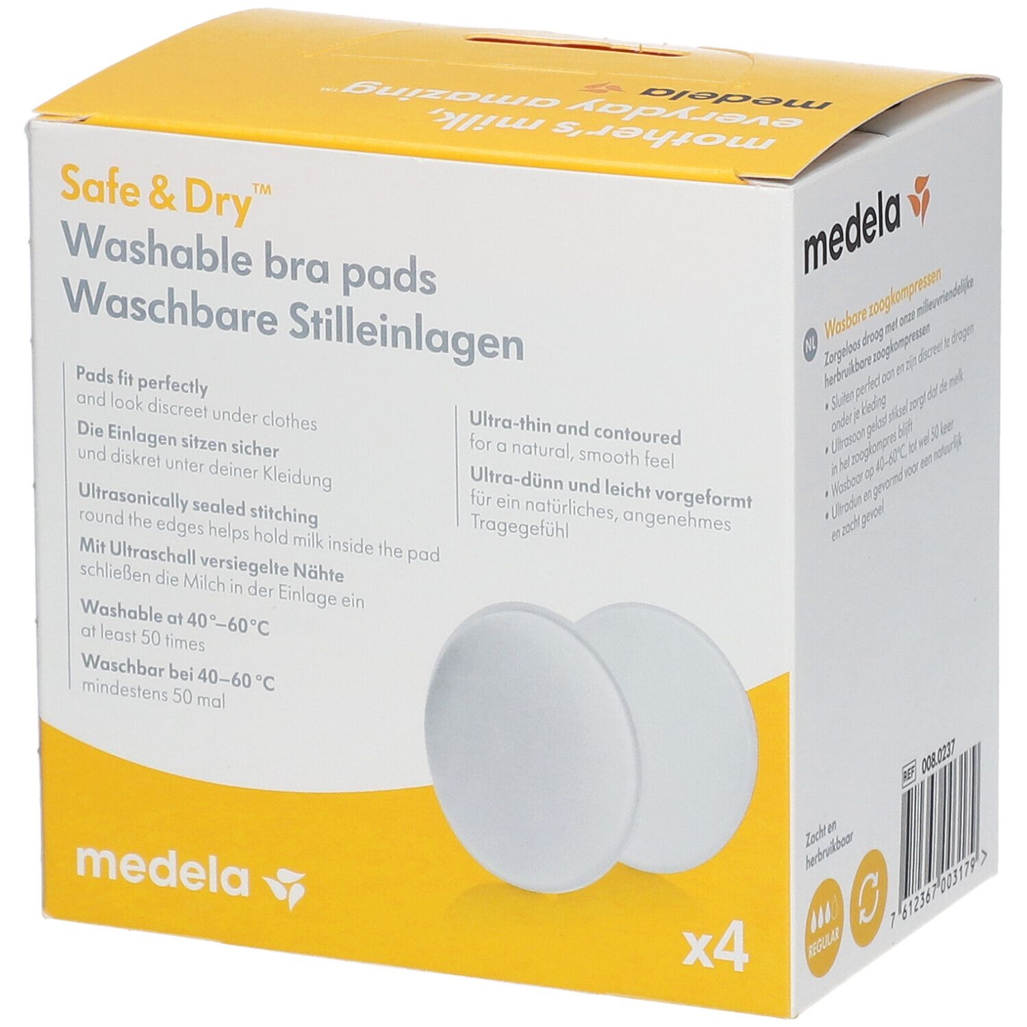 Confezione di coppette assorbilatte lavabili Medela, quattro pezzi. Coppette bianche e rotonde.