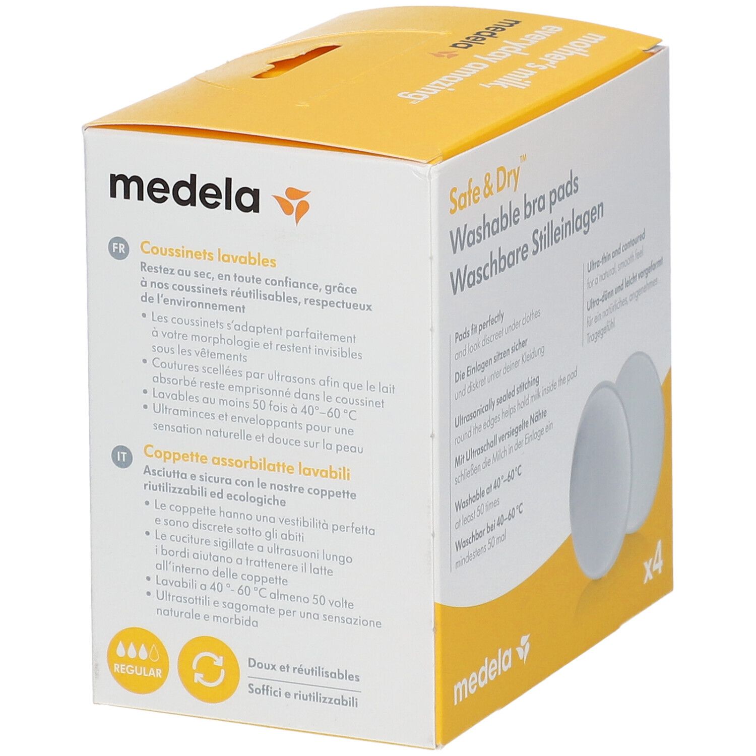 Confezione da 4 coppette assorbilatte lavabili Medela "Safe & Dry".