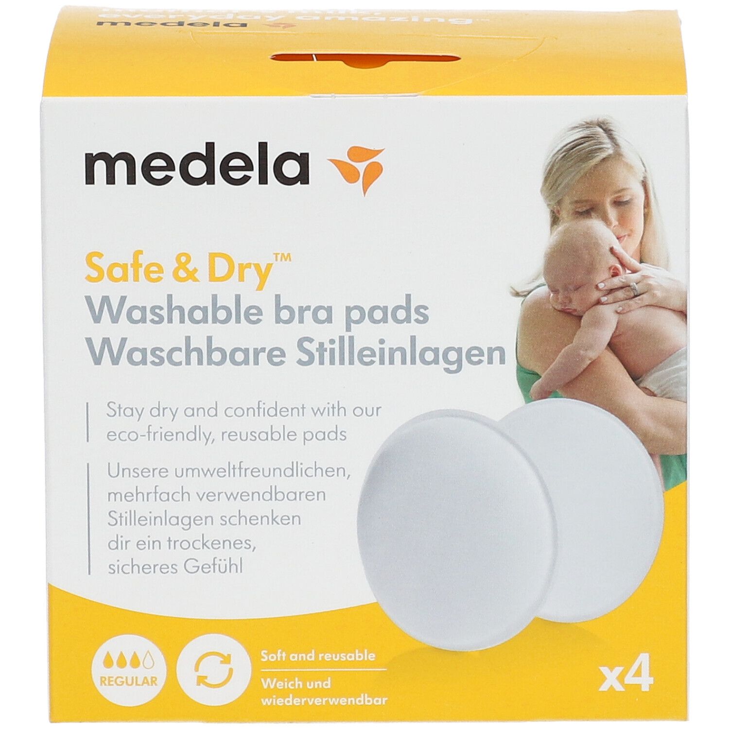 Confezione Medela Safe & Dry di coppette assorbilatte lavabili, 4 pezzi.