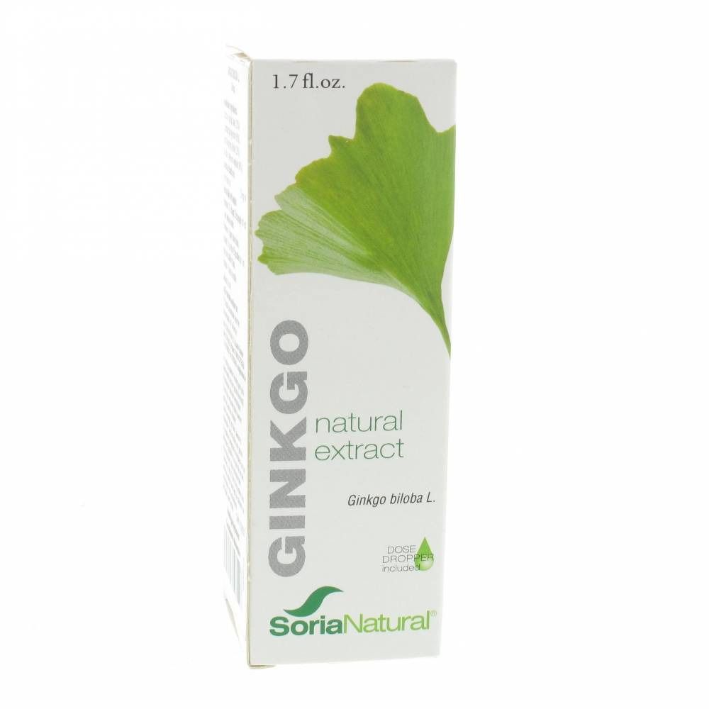 Scatola bianca con illustrazione di foglia di ginkgo. Scritte "GINKGO", "natural extract" e "SoriaNatural". Simbolo di goccia.