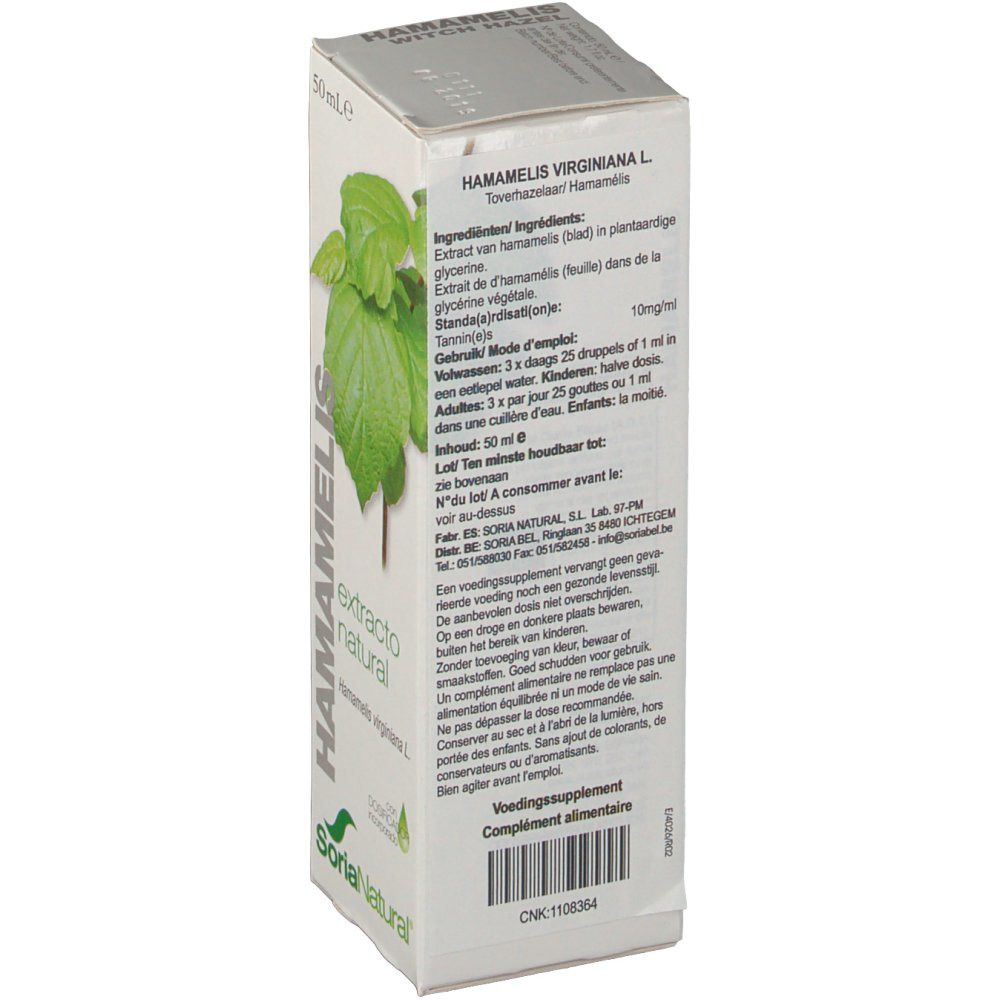 Retro della confezione in cartone con Hamamelis Virginiana Extr.Glyc. Testo multilingue. Illustrazione di foglie. Marchio Soria Natural.