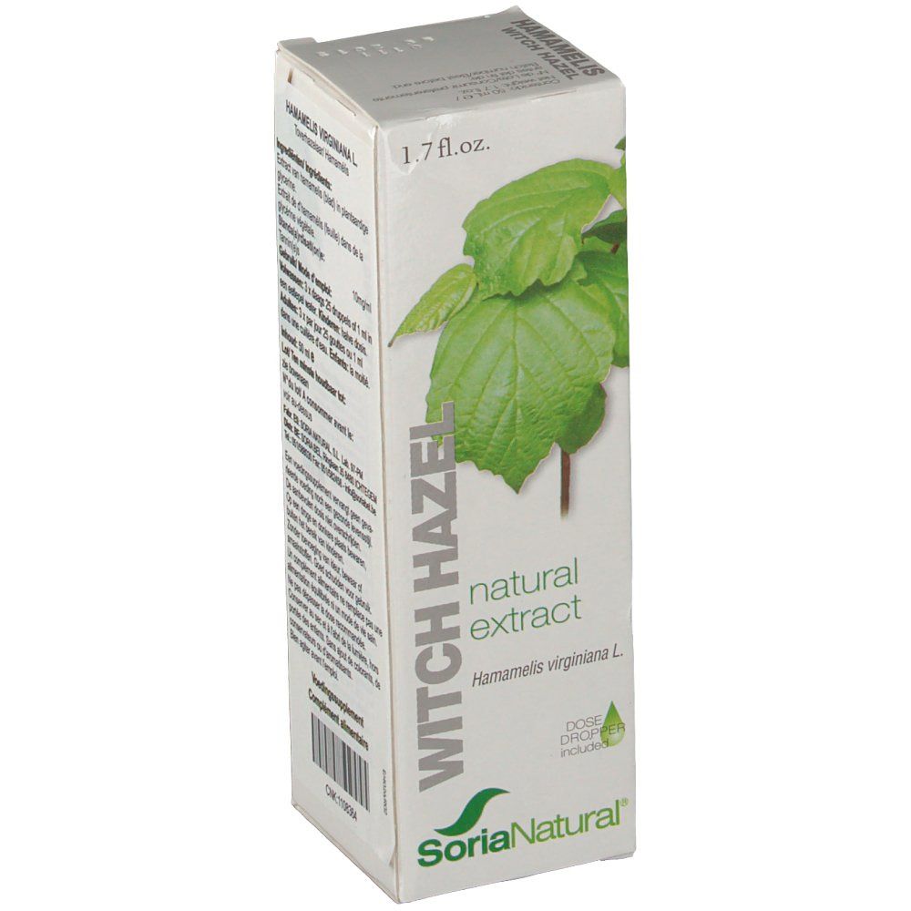 Confezione in cartone con Hamamelis Virginiana Extr.Glyc. Scritte: WITCH HAZEL, natural extract, Soria Natural. Illustrazione di foglie.