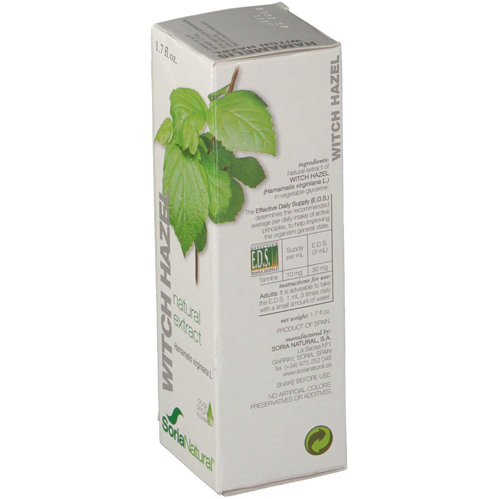 Confezione in cartone con Hamamelis Virginiana Extr.Glyc. Scritte: WITCH HAZEL, natural extract, Soria Natural. Illustrazione di foglie.