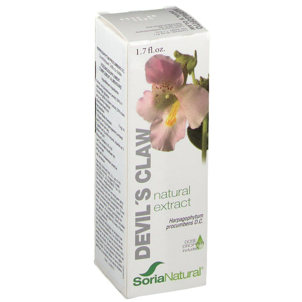 Confezione in cartone con motivo floreale e testo. Scritta: DEVIL'S CLAW, natural extract, SoriaNatural. 1.7 fl.oz.