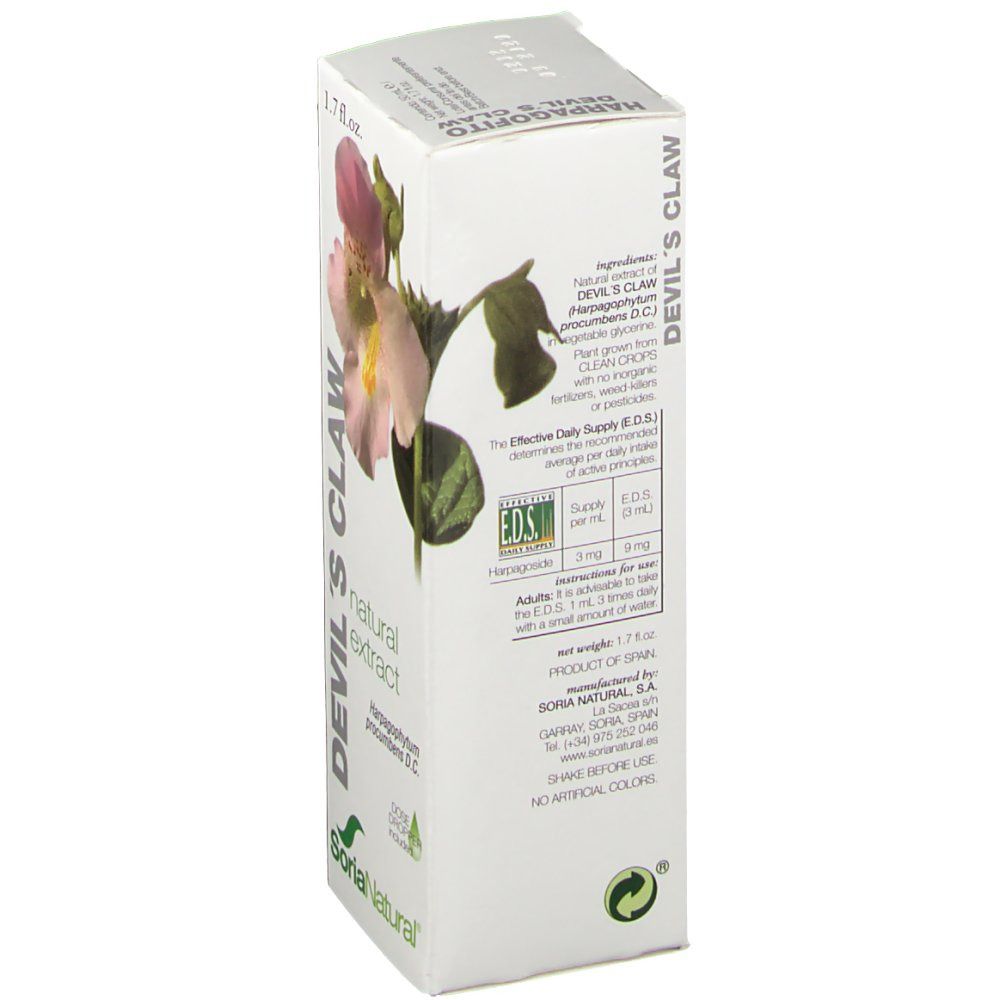 Confezione in cartone con motivo floreale e testo. Scritta: DEVIL'S CLAW, natural extract, SoriaNatural. Contiene informazioni e certificazioni.