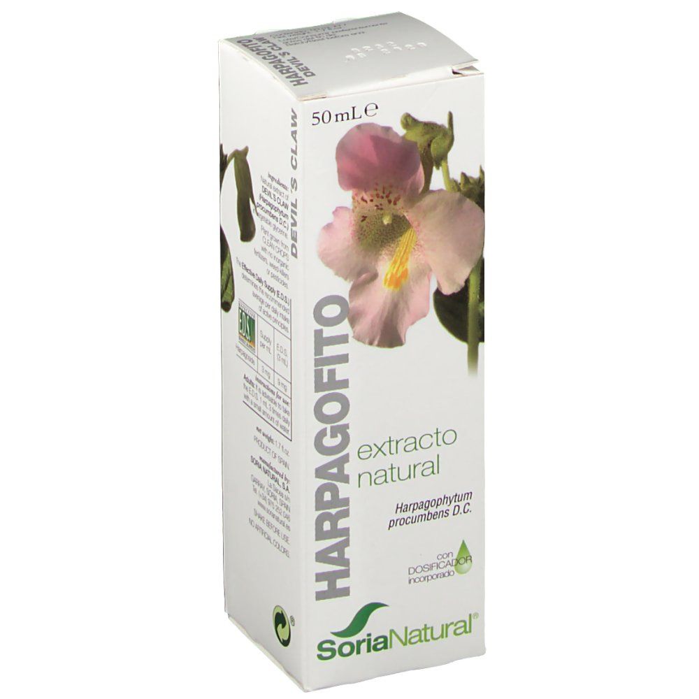 Confezione in cartone con motivo floreale e testo. Scritta: HARPAGOFITO, extracto natural, SoriaNatural. 50 ml.