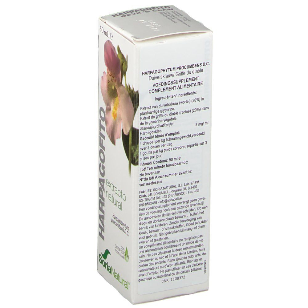 Confezione in cartone con motivo floreale e testo. Scritta: HARPAGOFITO, extracto natural, SoriaNatural. Contiene informazioni e certificazioni.