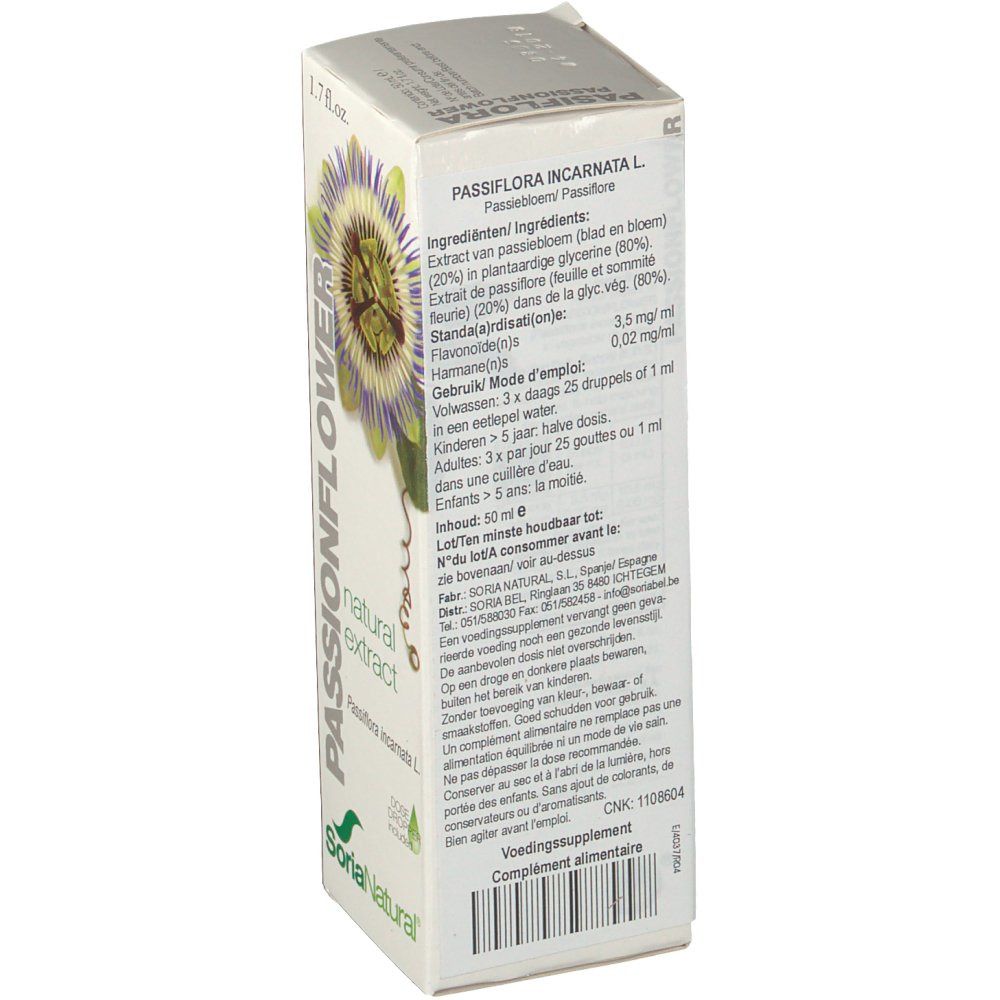 Scatola con testo. Contiene ingredienti, istruzioni per l'uso e informazioni sul produttore. Marchio: Soria Natural. Contagocce incluso.