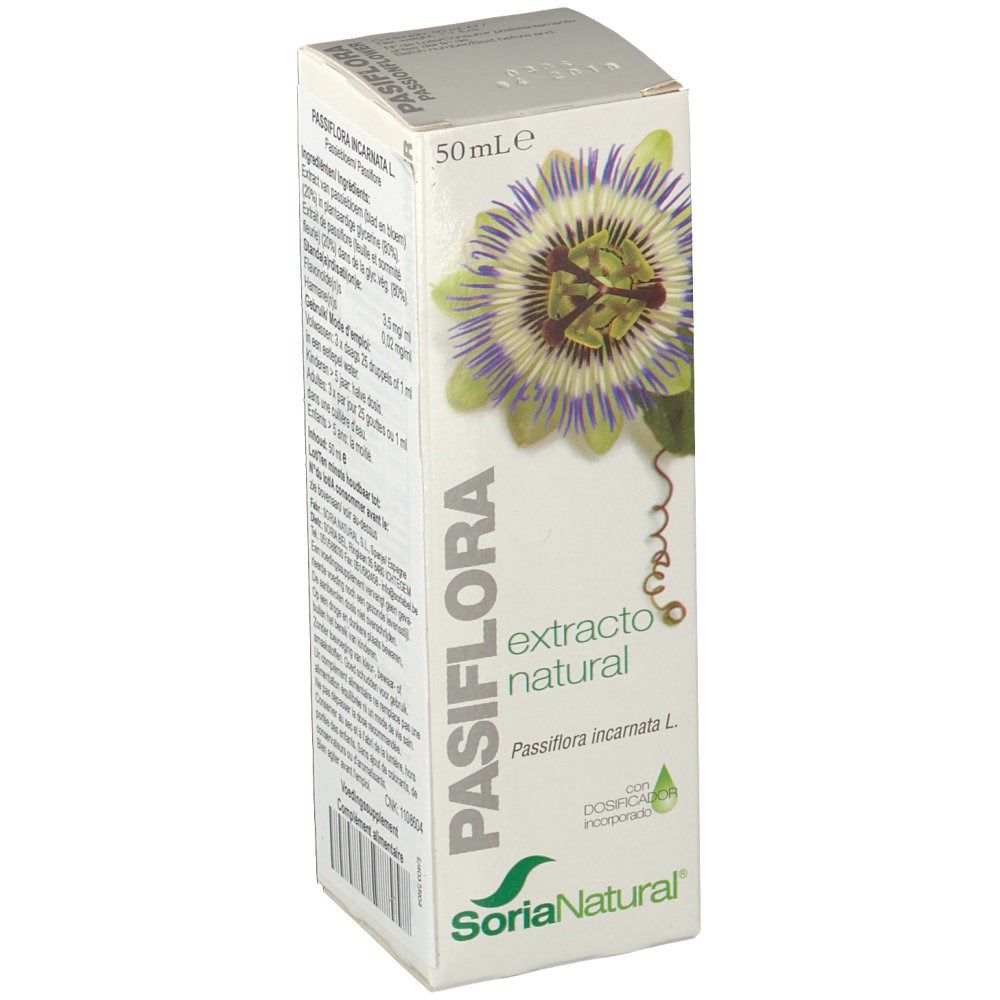Scatola con testo e immagine. Scritta: PASIFLORA extracto natural. Marchio: Soria Natural. Contagocce incluso.