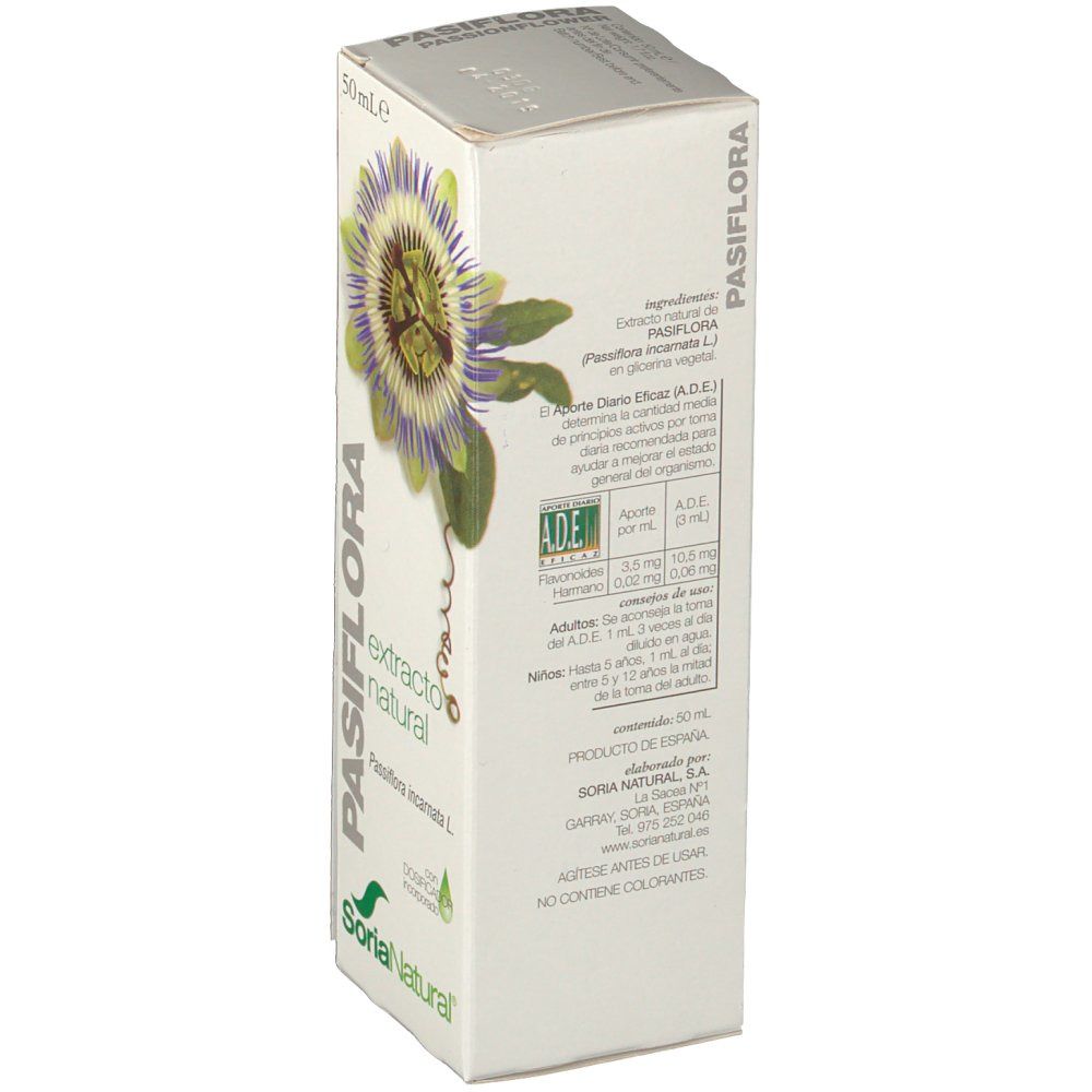 Scatola con testo. Contiene ingredienti, istruzioni per l'uso e informazioni sul produttore. Marchio: Soria Natural. Certificazione ADE.
