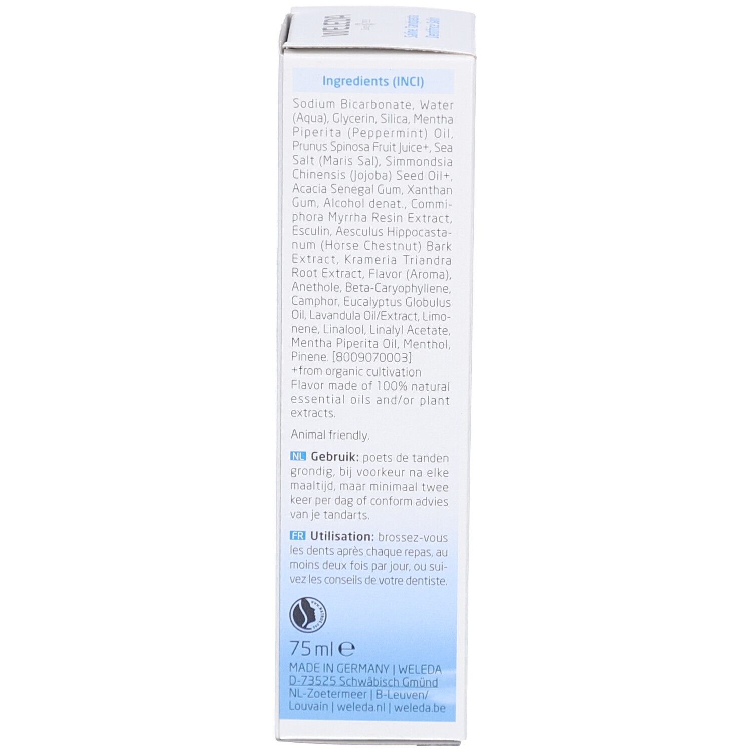 Retro della scatola di dentifricio Weleda Saline. Contiene testo in tedesco, francese e olandese. 75ml.