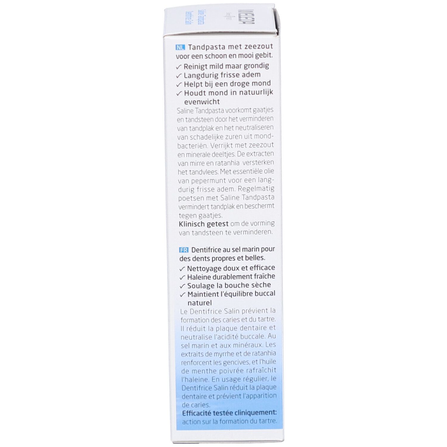 Lato della scatola di dentifricio Weleda Saline. Contiene testo in tedesco, francese e olandese. Testo sugli ingredienti.