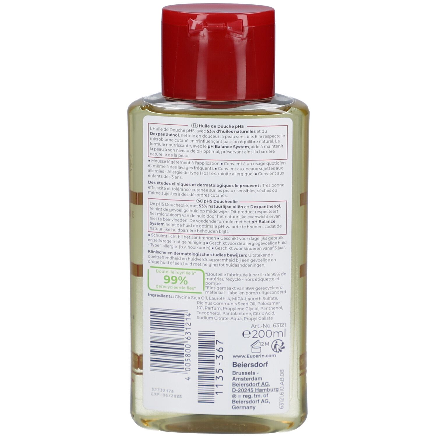 Retro del flacone Eucerin pH5 Olio Doccia. Testo: ingredienti, 200ml, 99% riciclabile, Beiersdorf AG.