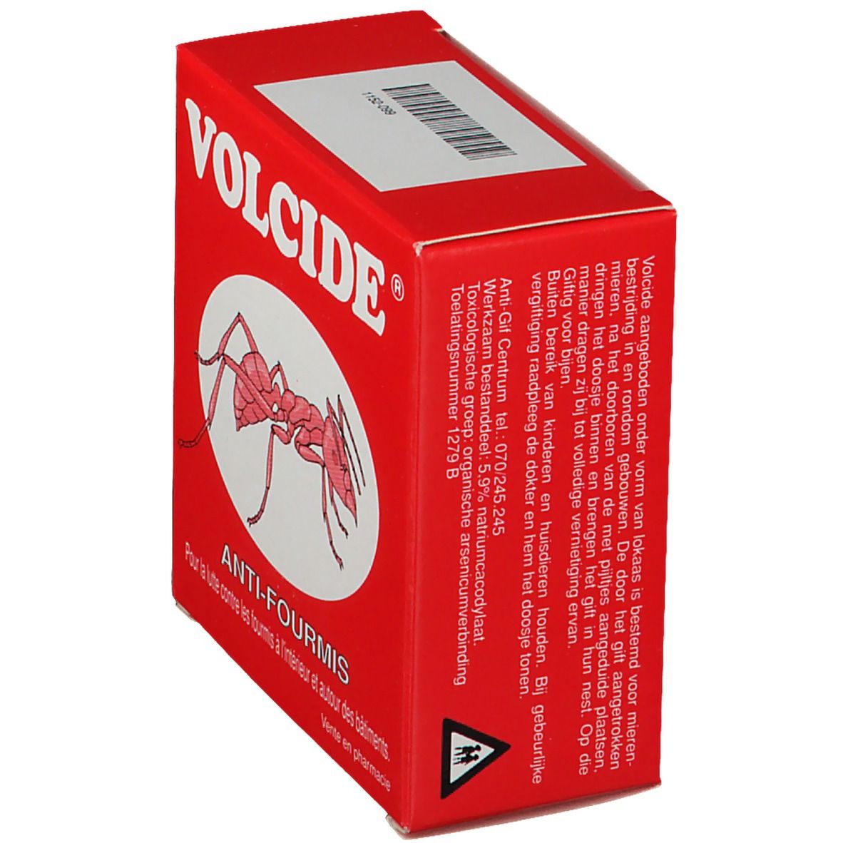 Scatola rossa "VOLCIDE" con illustrazione di formica. Testo: "ANTI-FOURMIS".