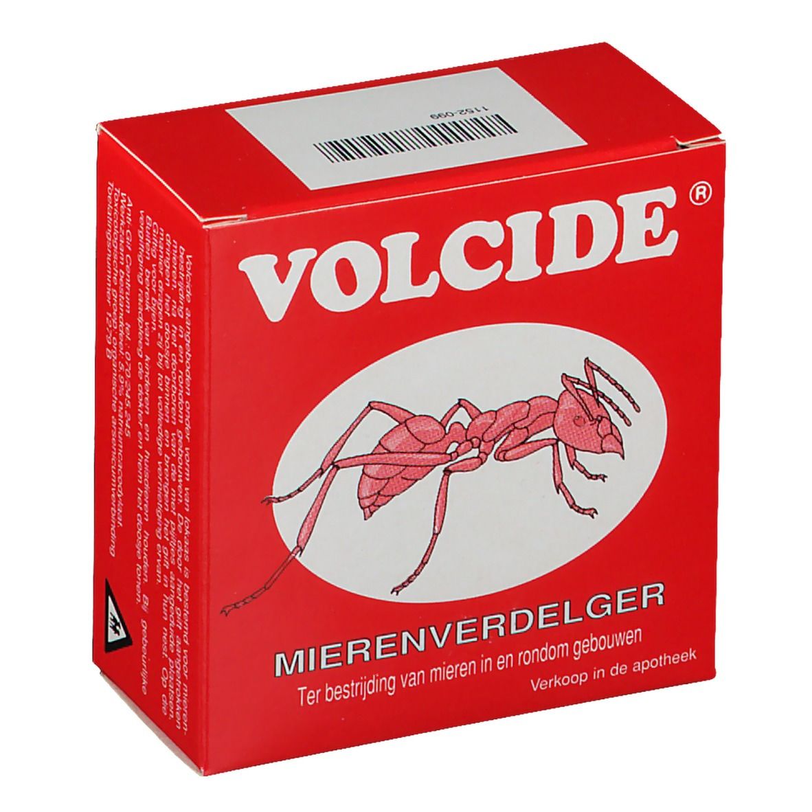 Scatola rossa "VOLCIDE" con illustrazione di formica. Testo: "MIERENVERDELGER".