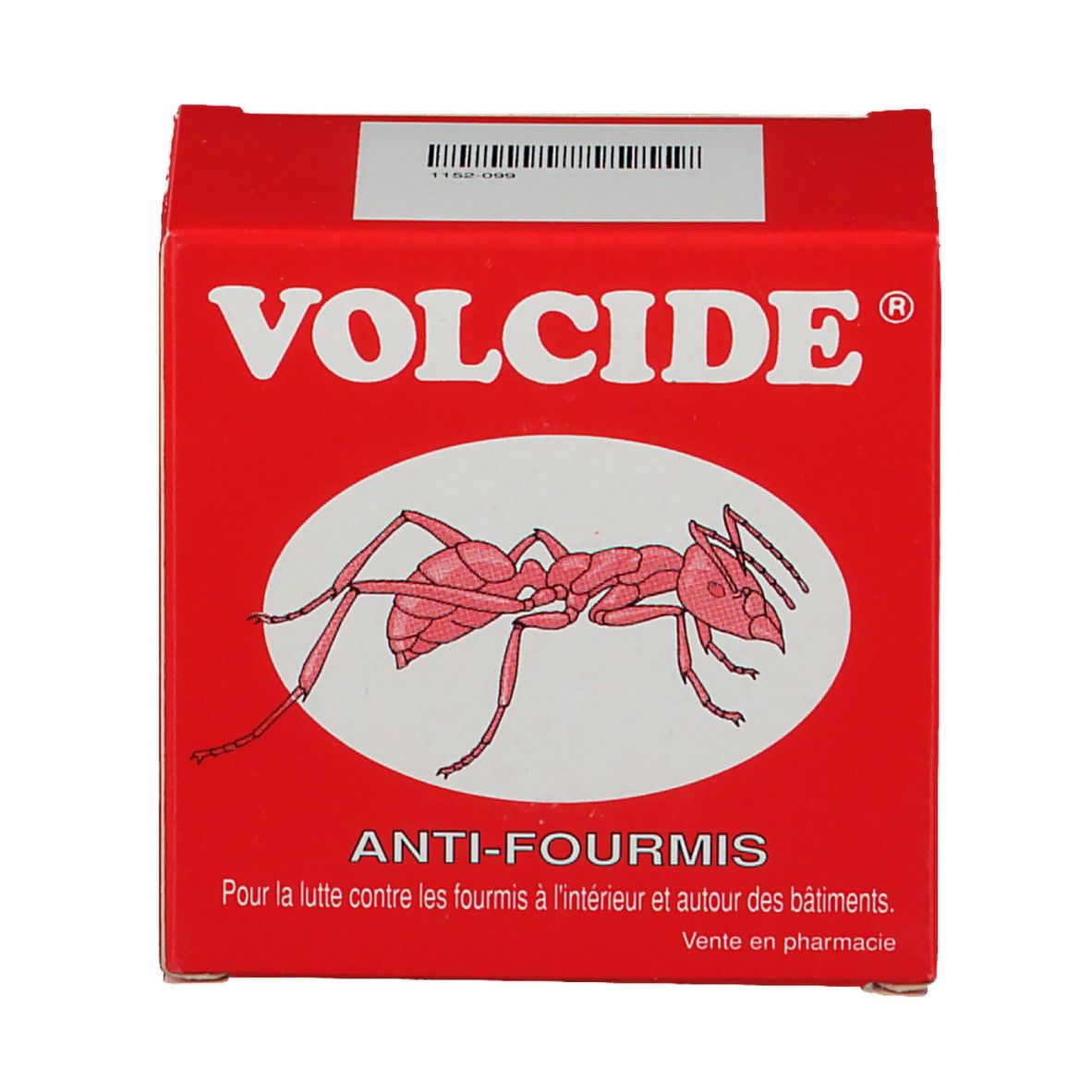 Scatola rossa "VOLCIDE" con illustrazione di formica. Testo: "ANTI-FOURMIS".