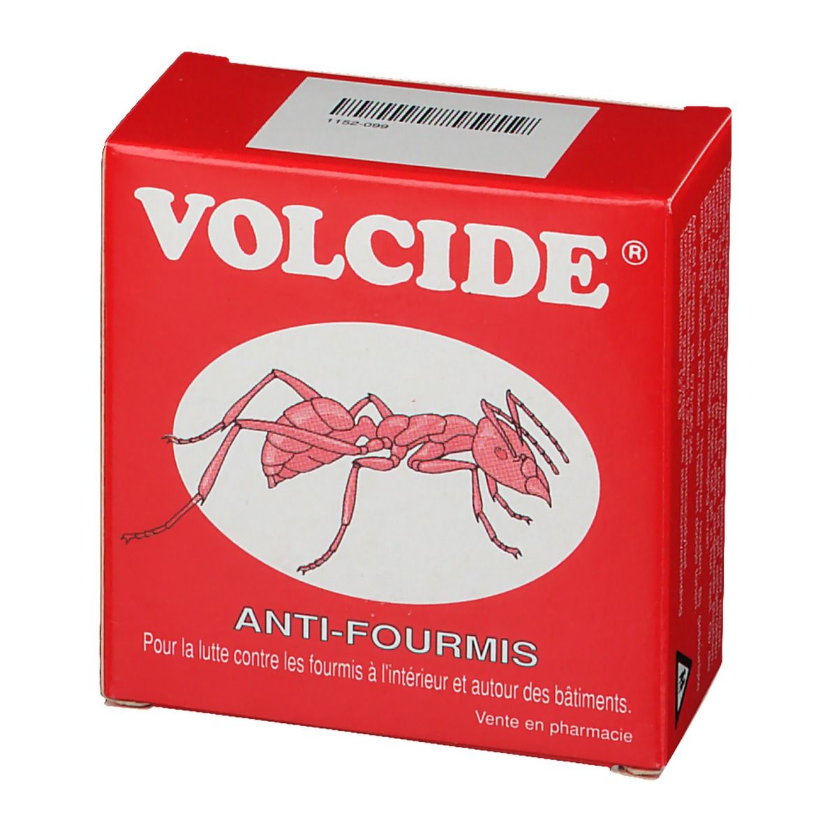 Scatola rossa "VOLCIDE" con illustrazione di formica. Testo: "ANTI-FOURMIS".