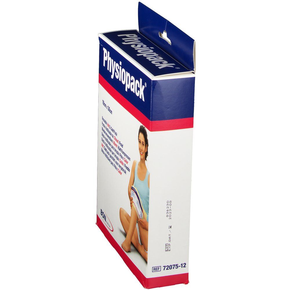 Vista laterale della confezione Physiopack. Testo multilingue. Riferimento 72075-12. Immagine di donna che usa il prodotto.