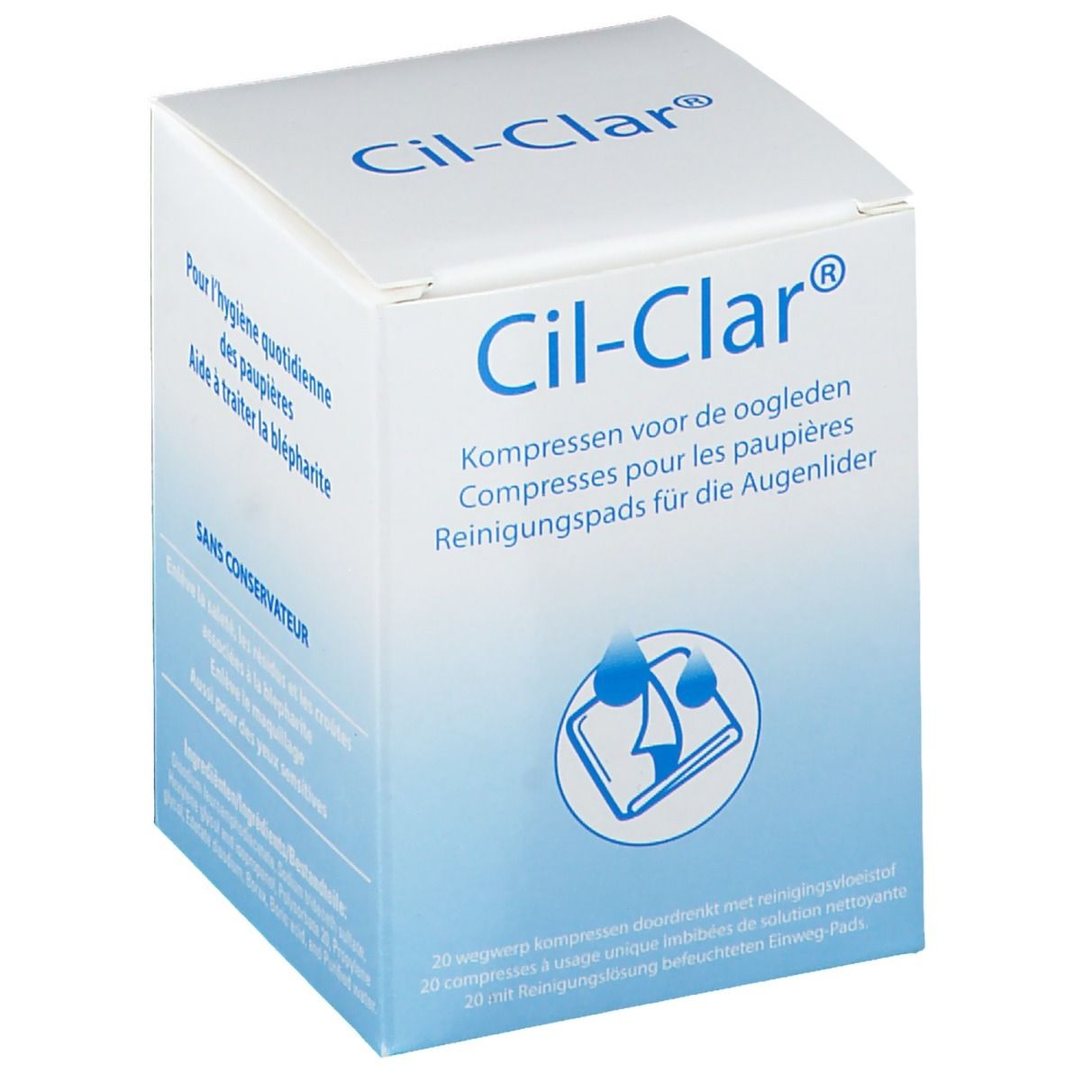 Confezione Cil-Clar. Scatola bianca con sfumatura blu. Scritto: Compresse per le palpebre. Illustrazione: tampone con gocce.