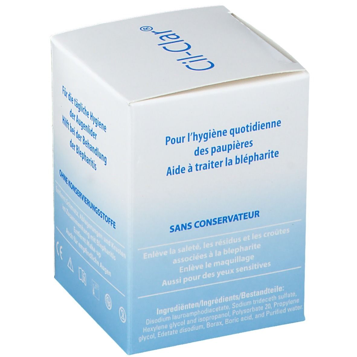 Confezione Cil-Clar. Scatola bianca con sfumatura blu. Testo: Per l'igiene quotidiana delle palpebre. Senza conservanti.
