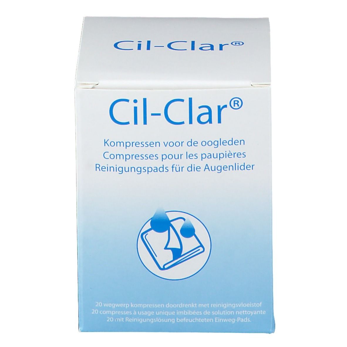Confezione Cil-Clar. Scatola bianca con sfumatura blu. Scritto: Compresse per le palpebre. Illustrazione: tampone con gocce.