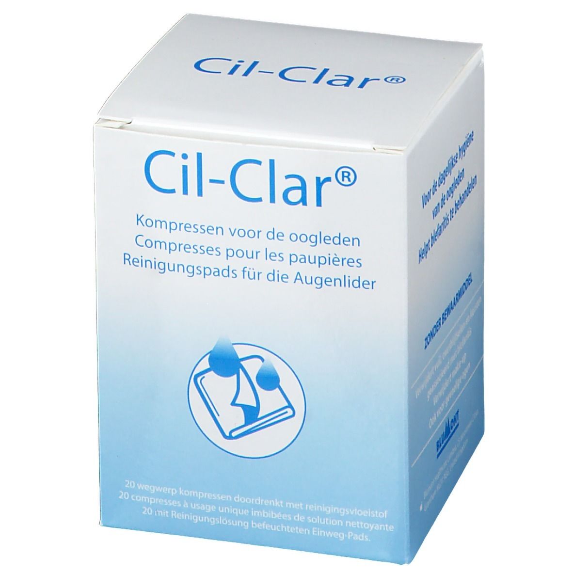 Confezione Cil-Clar. Scatola bianca con sfumatura blu. Scritto: Compresse per le palpebre. Illustrazione: tampone con gocce.