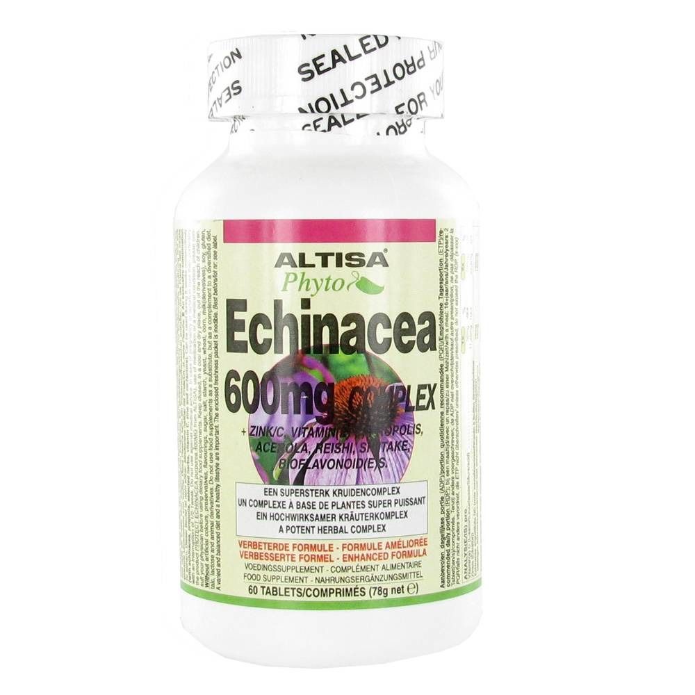 Flacone bianco con etichetta. Scritta: Altisa Phyto Echinacea 600mg Complex. Sigillo sul coperchio.