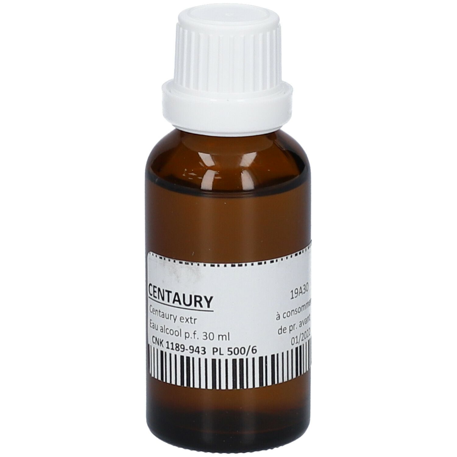 Flacone di vetro marrone con tappo bianco. Etichetta con nome del prodotto e testo. 30 ml.
