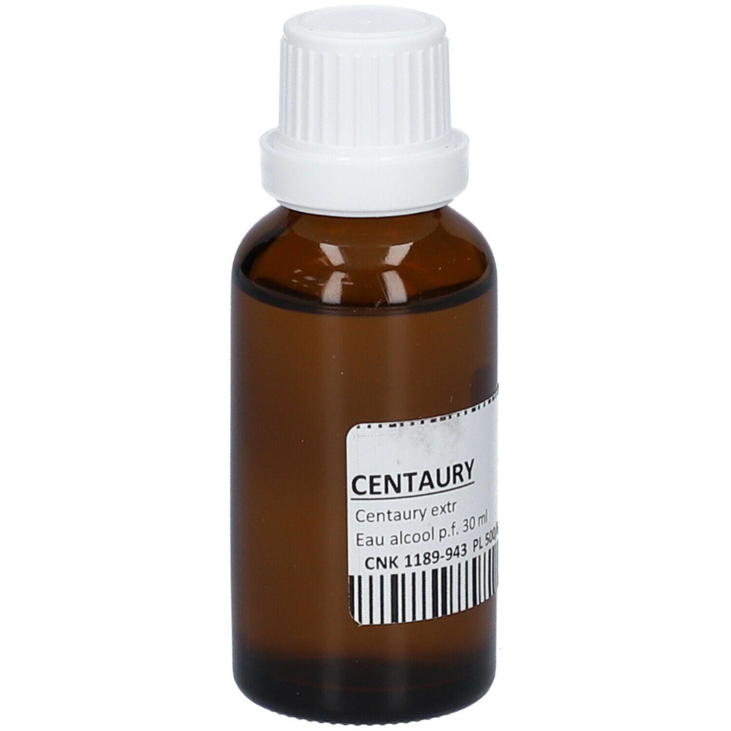 Flacone di vetro marrone con tappo bianco. Etichetta con nome del prodotto e testo. 30 ml.