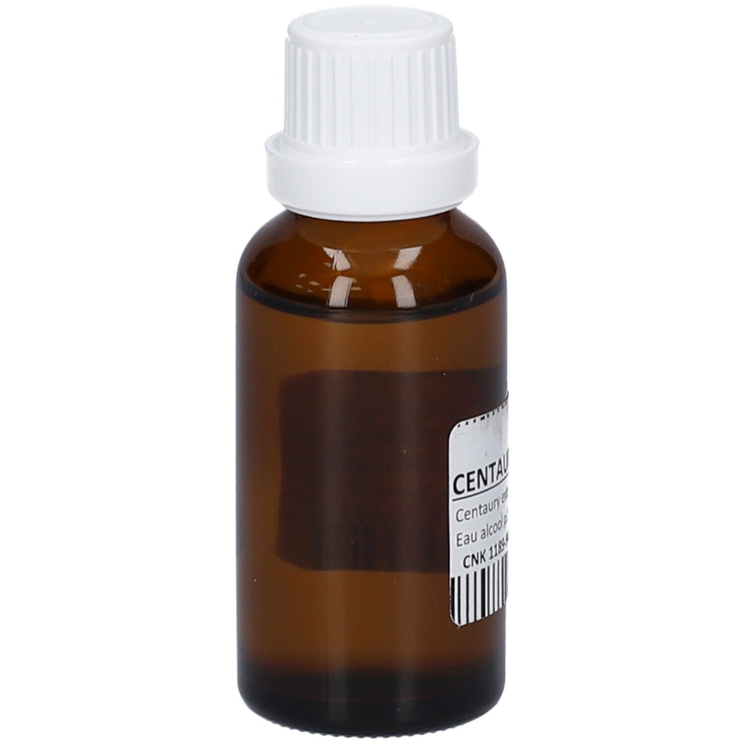 Flacone di vetro marrone con tappo bianco. Etichetta con nome del prodotto e testo. 30 ml.