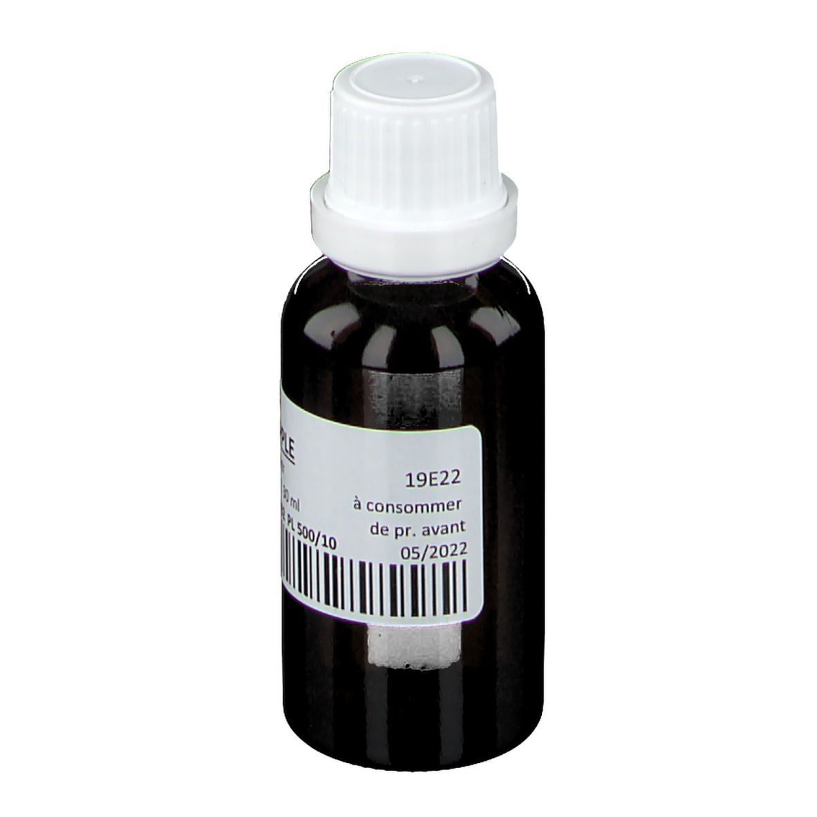 Flacone di vetro marrone con tappo bianco. Etichetta con testo e codice a barre. Stampato: à consommer de pr. avant 05/2022.