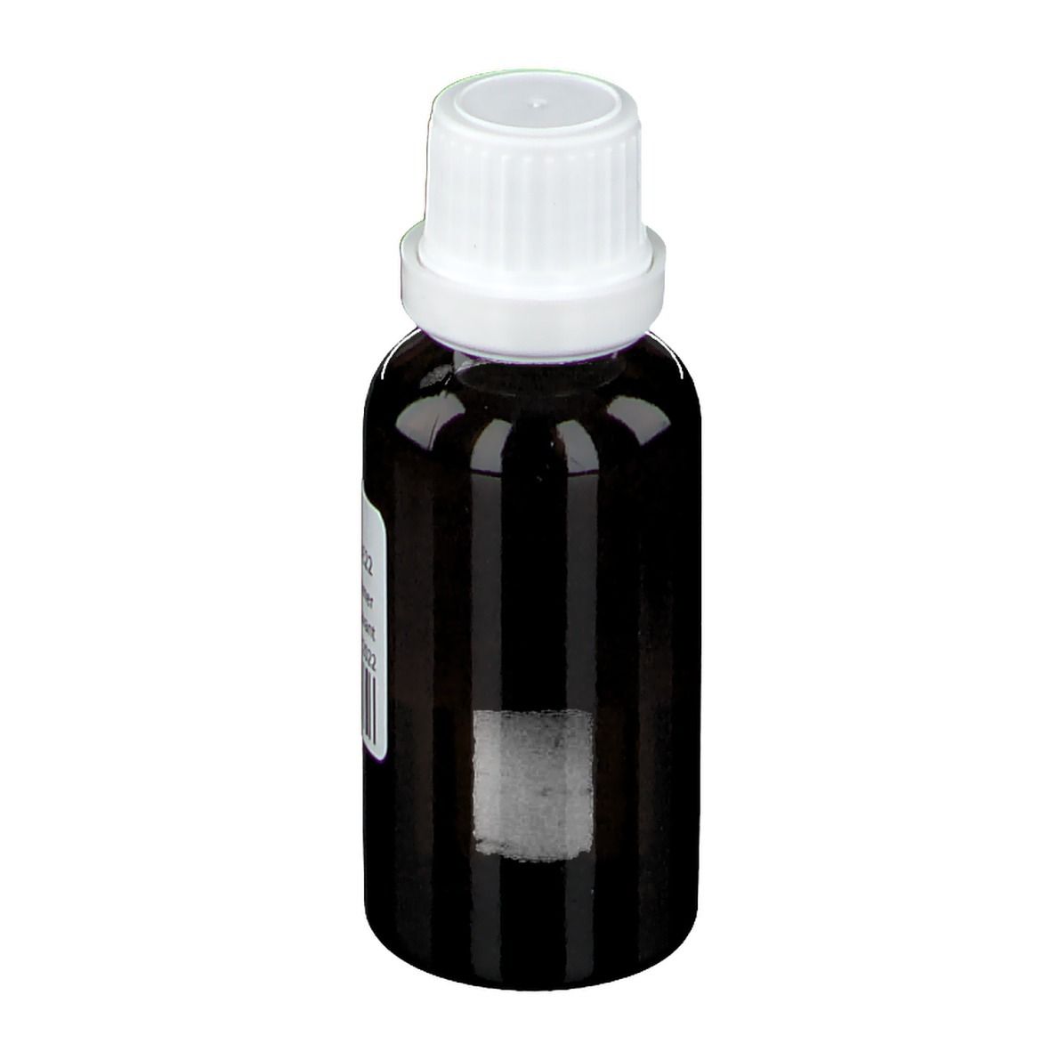 Flacone di vetro marrone con tappo bianco. Etichetta con testo e codice a barre. Nessuna altra informazione.