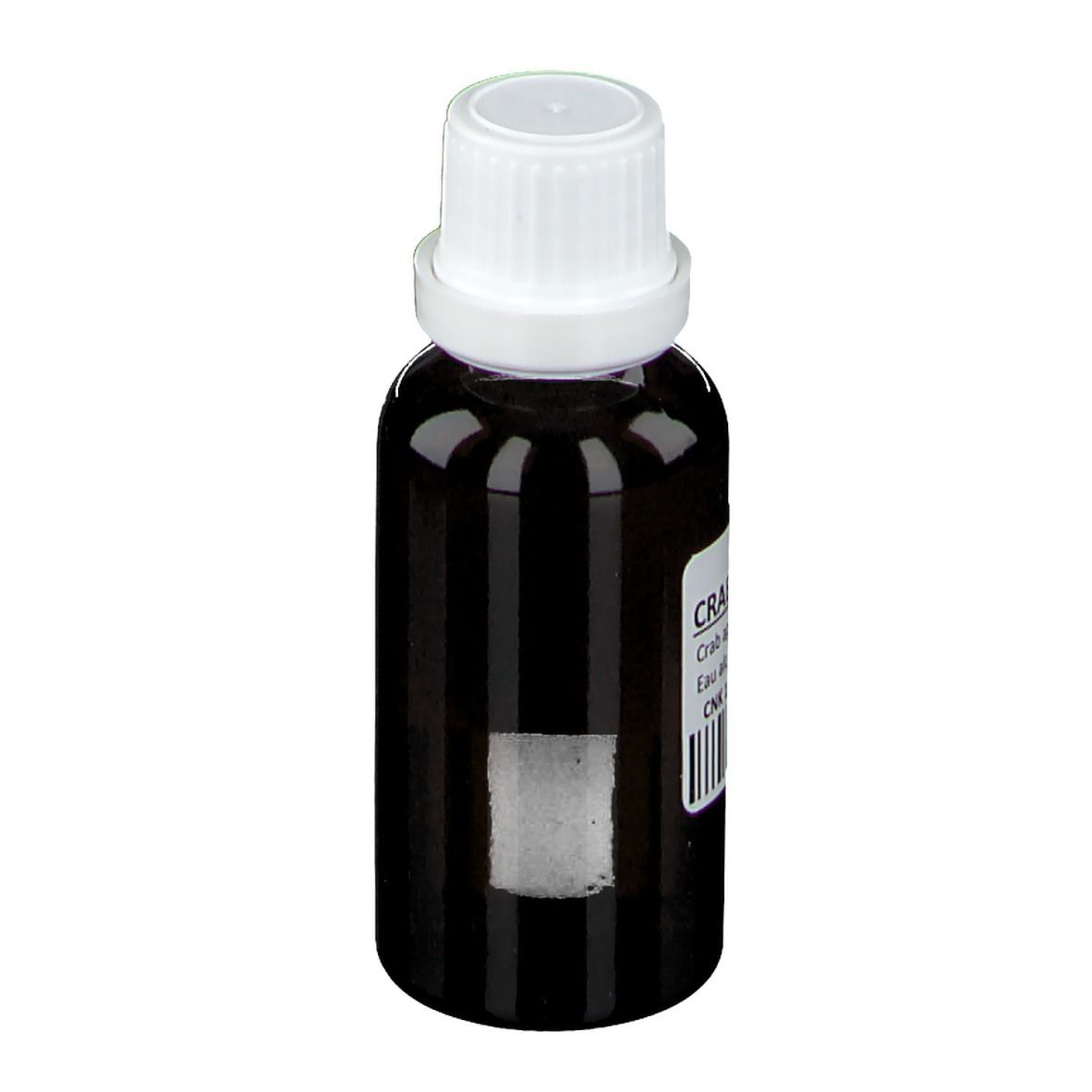 Flacone di vetro marrone con tappo bianco. Etichetta con testo e codice a barre. Nessuna altra informazione.