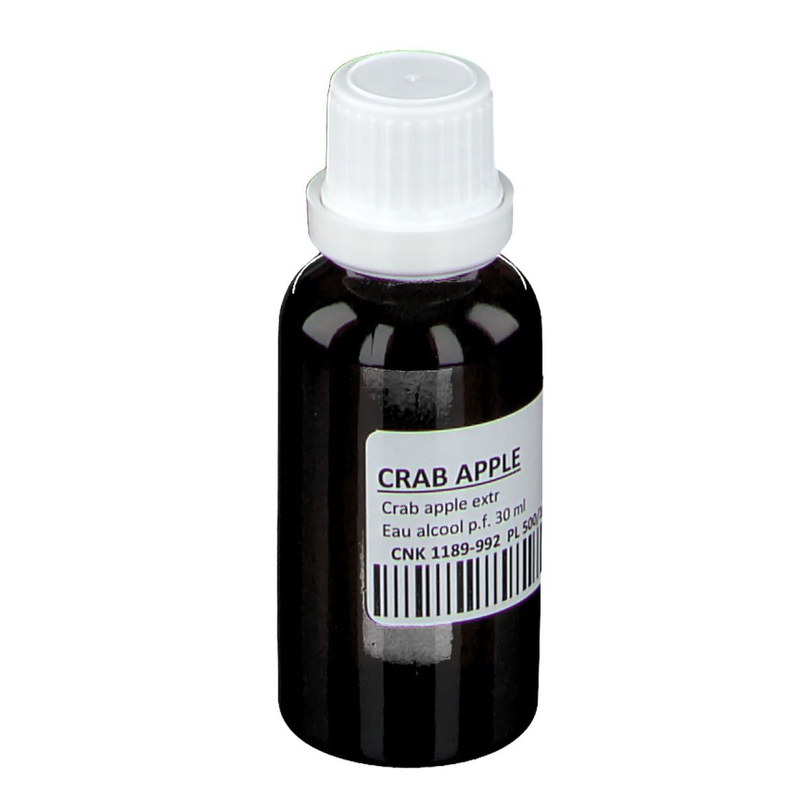 Flacone di vetro marrone con tappo bianco. Etichetta con testo e codice a barre. Nessuna altra informazione.