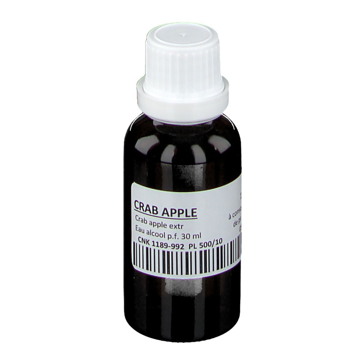 Flacone di vetro marrone con tappo bianco. Etichetta con testo e codice a barre. Nessuna altra informazione.