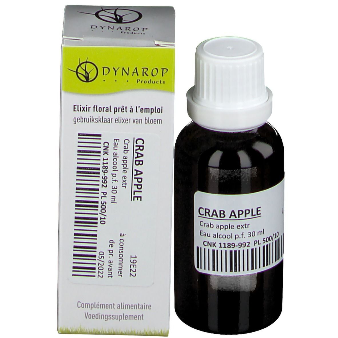 Flacone di vetro marrone con tappo bianco e scatola. Scatola con testo e logo. Flacone con etichetta.